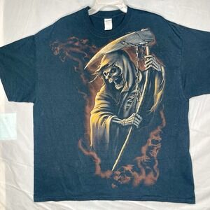 Vintage Y2K Gildan Grim Reaper All Over Print Graphic T Shirt Black Horror - XXL